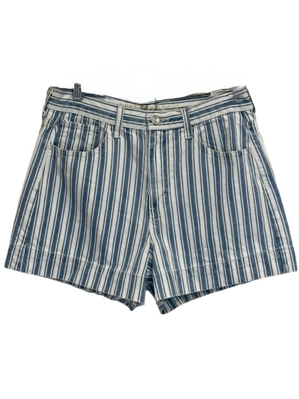 American Eagle High Rise Mom Shorts Blue White Stripe 100% Cotton Size 8 GUC
